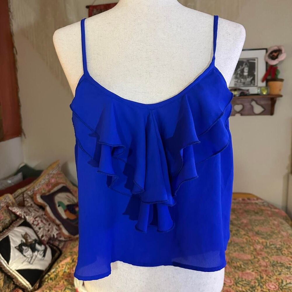 Charlotte Russe Electric Blue Cropped Tank Top w/ Boho Ruffle Detailed Neckline